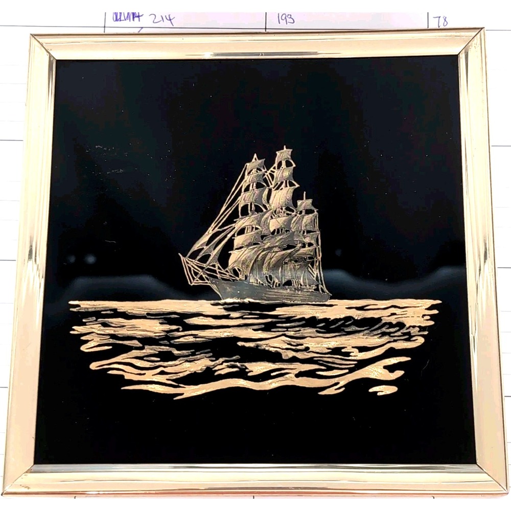 Vtg Kafka Industries Gold Foil Screened Etching #1062 Tall Ship Sailing Art USA
